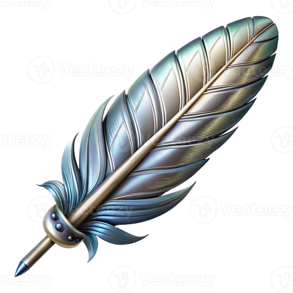 elegant classic Ultra-detailed, photorealistic isolated cutout of a biomechanical feather with metallic barbs with Transparent Background high quality png