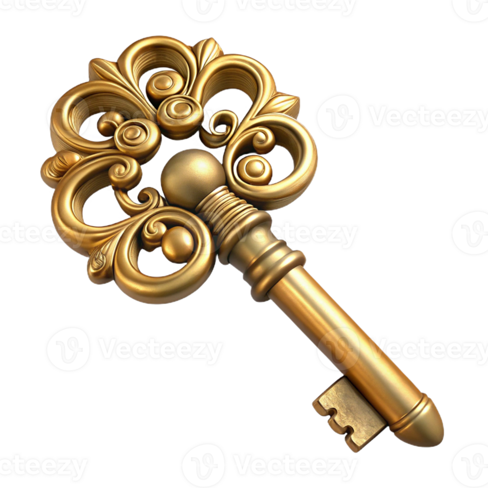 alluring exceptional An antique key, ornate and elaborate, made of brass with Transparent Background png