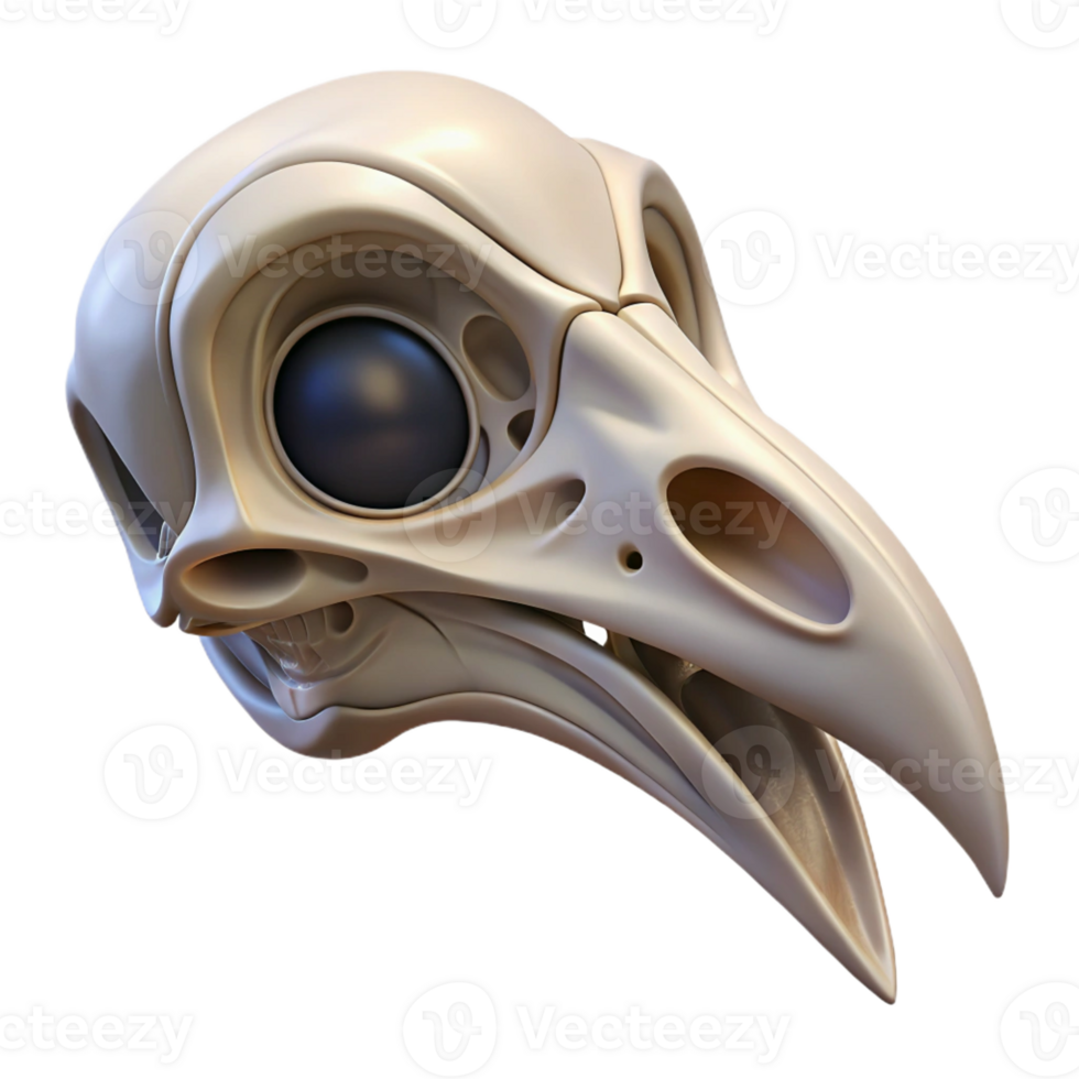 coveted industrial Ultra-detailed, photorealistic isolated cutout of a biomechanical bird skull with optical enhancements with Transparent Background museum quality png