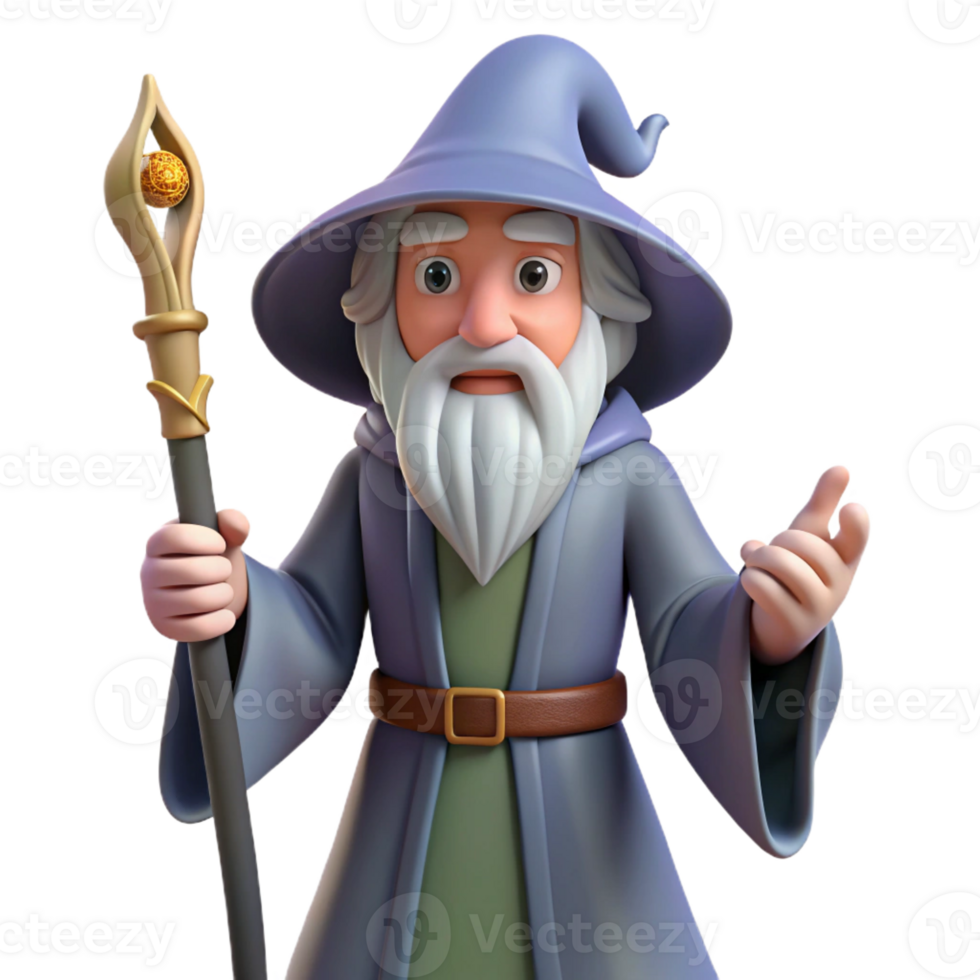 captivating energetic abstract A wise old wizard, long white beard, holding a staff with Transparent Background 8K png