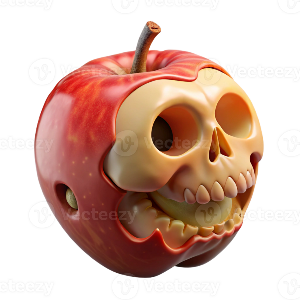 captivating artistic Professional render, isolated cutout of a hyper-specific, decaying apple with a miniature human skeleton visible inside with Transparent Background precision png