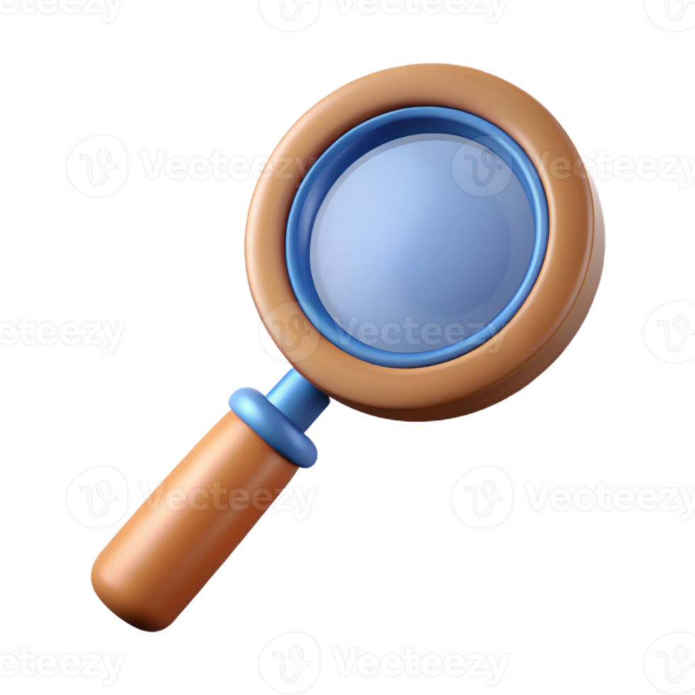 celebrated futuristic A stylized magnifying glass icon, with a handle made of wood with Transparent Background studio quality png