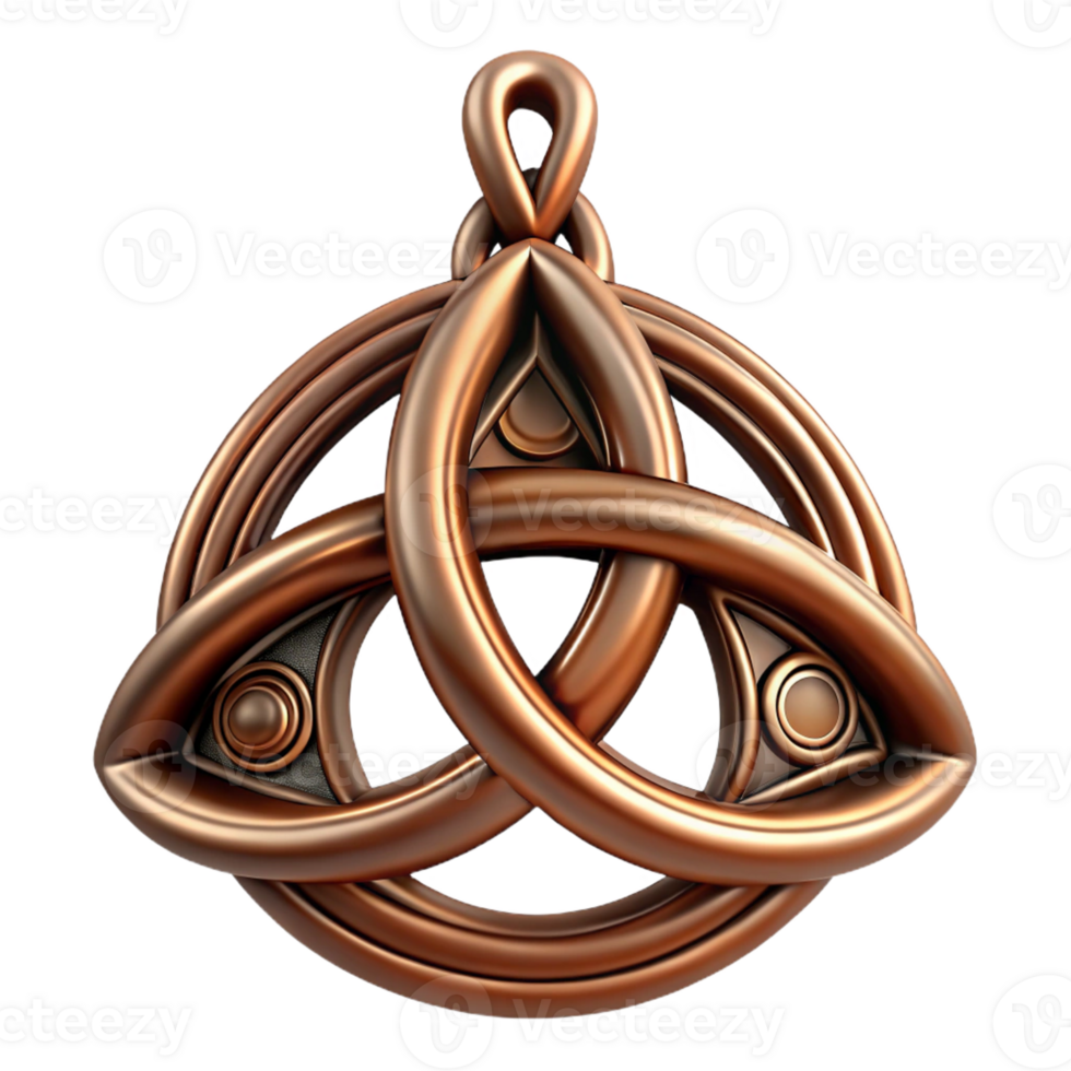 breathtaking timeless Photorealistic, ultra-detailed, hyper-specific professional render of a single, isolated Celtic Triskele pendant made of aged bronze Isolated cutout with Transparent Background png