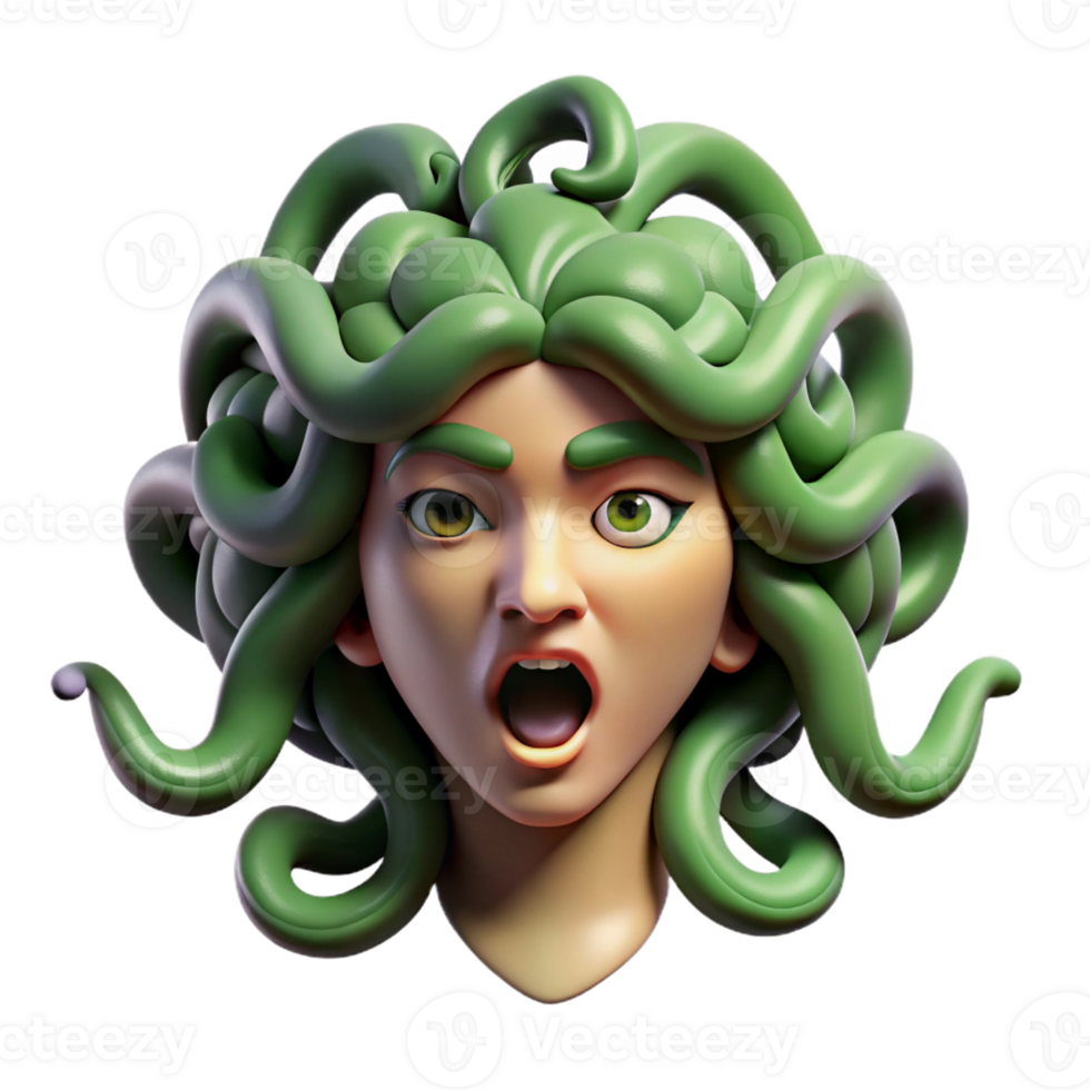 dynamic pristine Hyper-specific, photorealistic professional render of an isolated Medusa head, snakes meticulously detailed, eyes closed Isolated cutout with Transparent Background perfect clarity png
