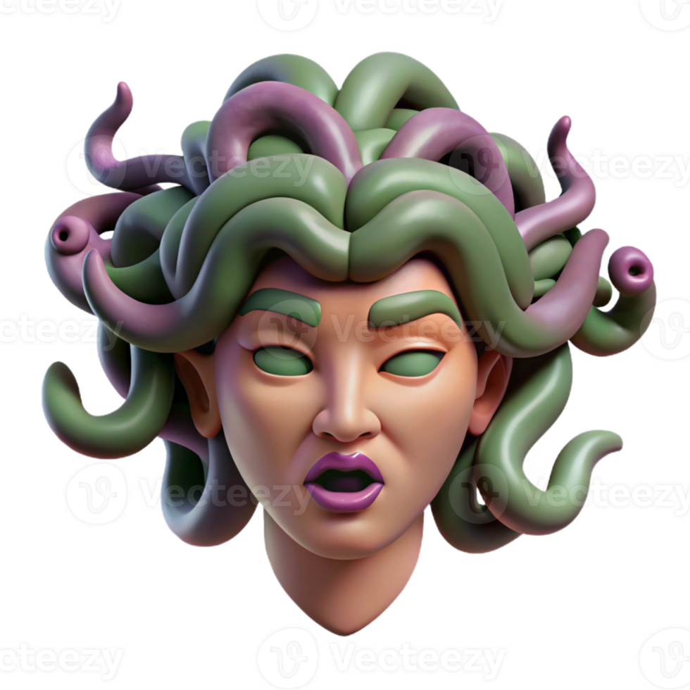 exemplary classic Hyper-specific, photorealistic professional render of an isolated Medusa head, snakes meticulously detailed, eyes closed Isolated cutout with Transparent Background impeccable png