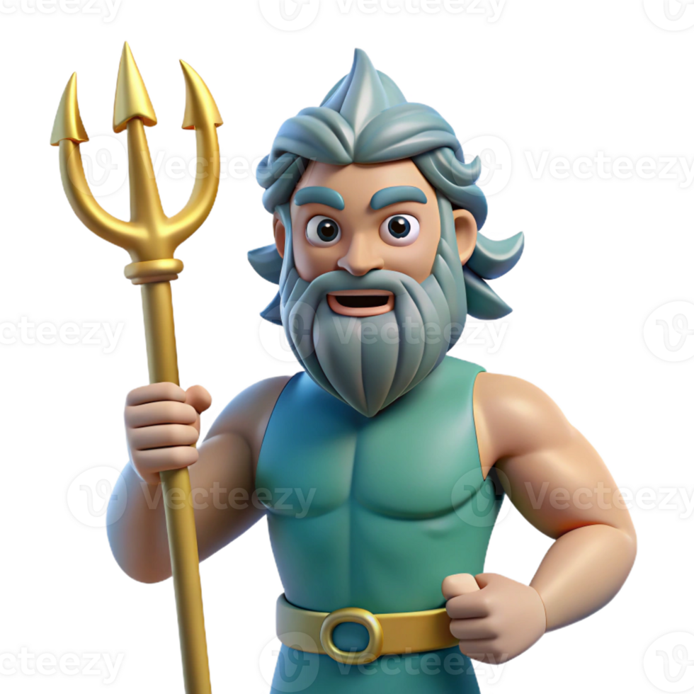 beautiful joyful artistic Poseidon, God of the Sea, holding trident, stern expression with Transparent Background expertly shot png