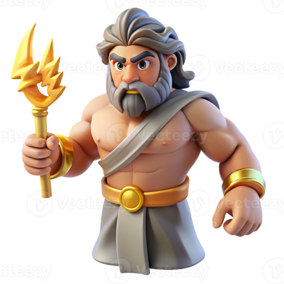 bold striking Zeus, King of the Gods, muscular, holding lightning bolt with Transparent Background expertly shot png