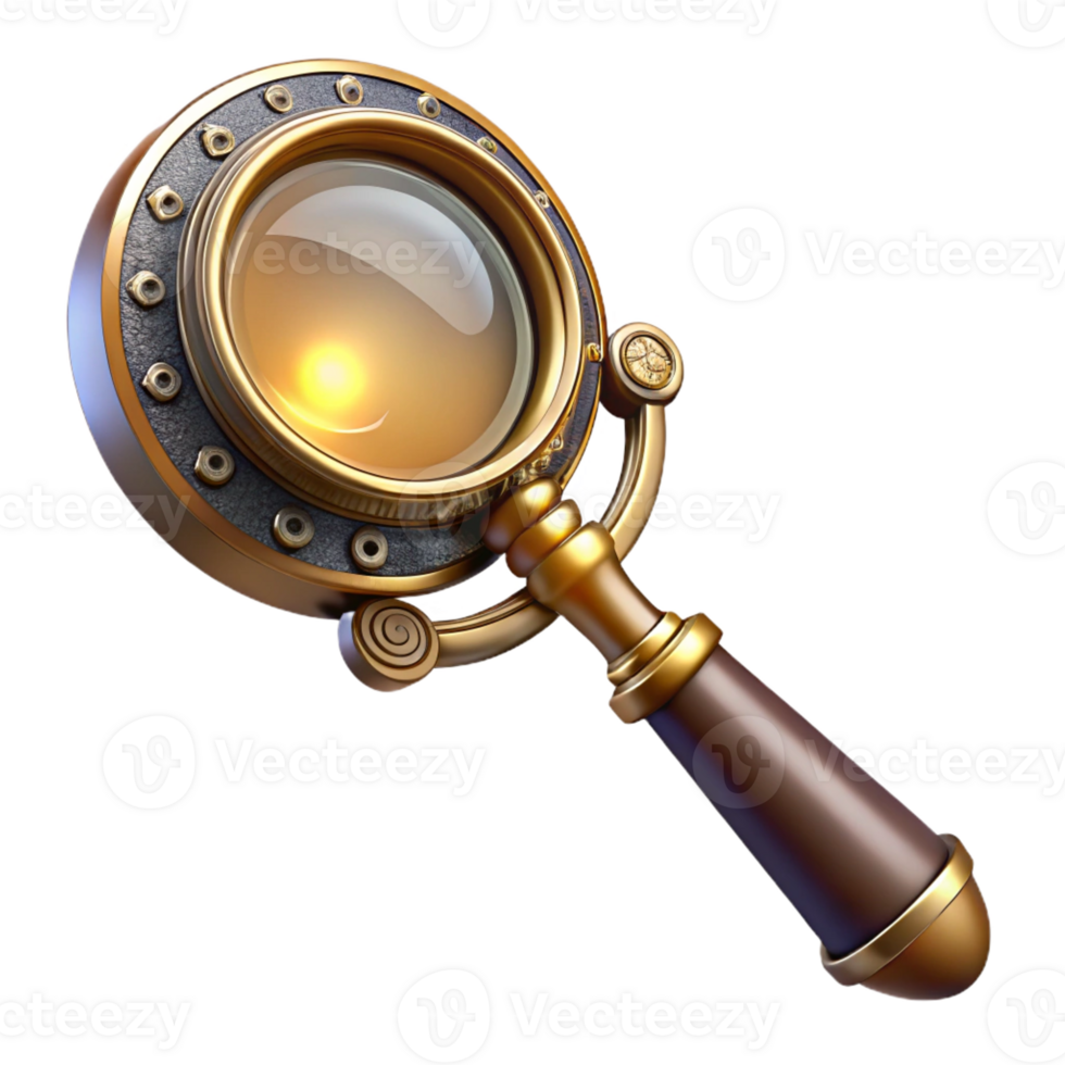 celebrated creative Steampunk magnifying glass with a brass handle and intricate engravings with Transparent Background authentic png