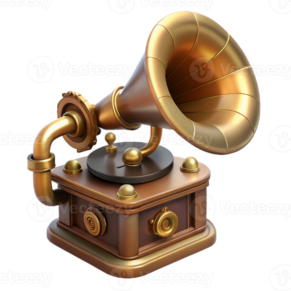 elegant unparalleled Steampunk gramophone with a brass horn and a hand crank with Transparent Background png