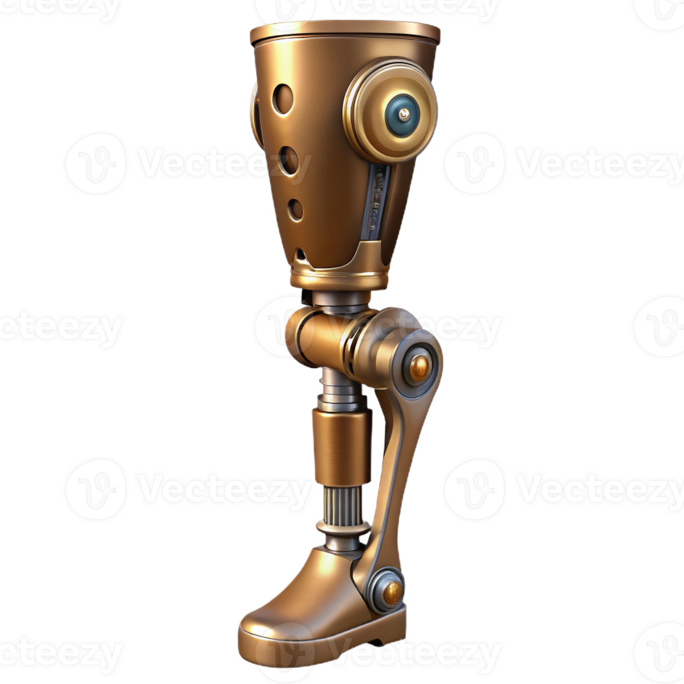enchanting contemporary Steampunk prosthetic leg with articulated joints and metal plating with Transparent Background crisp png