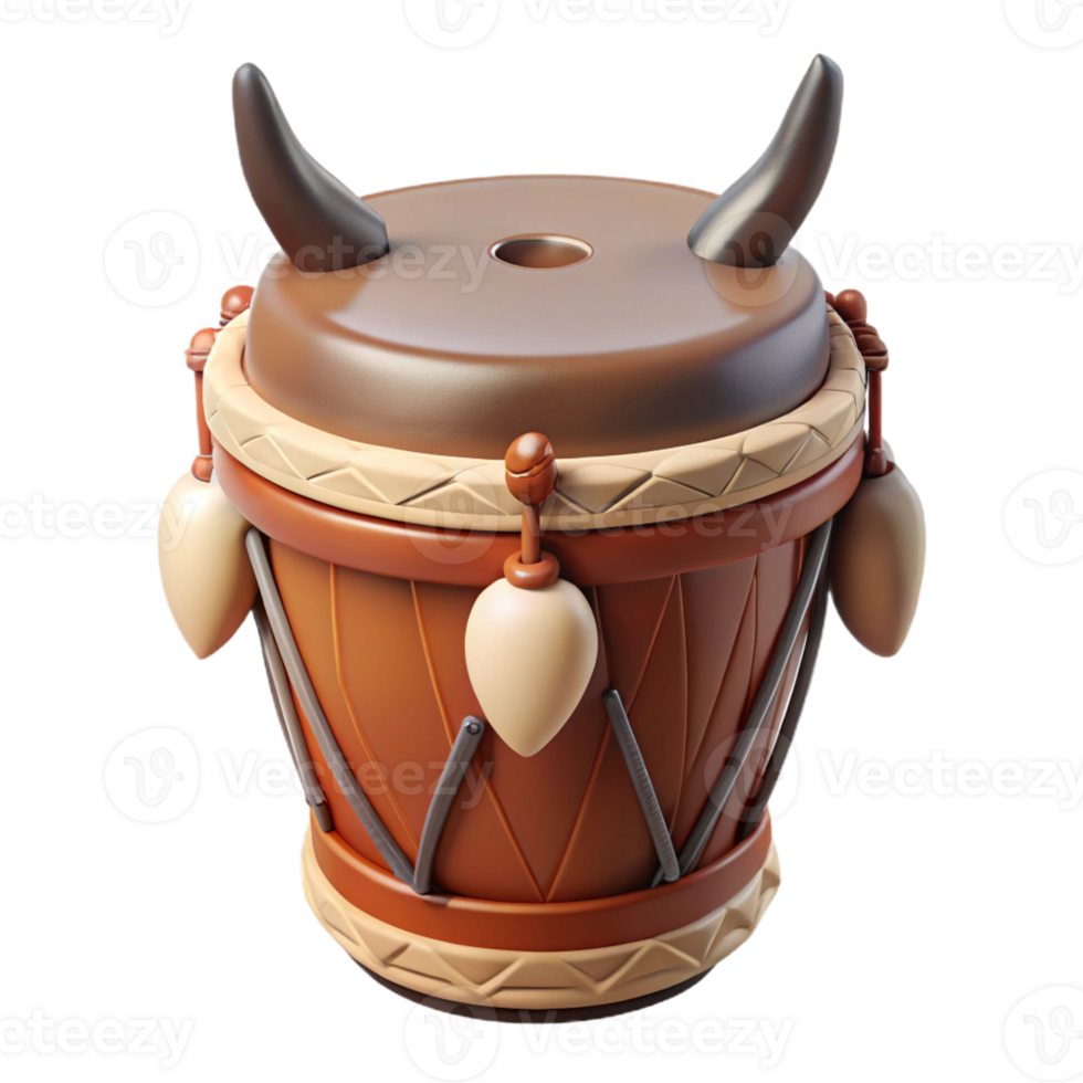 acclaimed retro Professional render of a photorealistic isolated cutout, ultra-detailed tribal drum with animal skin head with Transparent Background 4K png