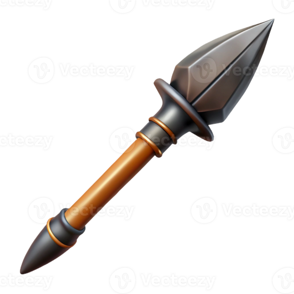 captivating traditional Photorealistic, ultra-detailed, hyper-specific professional render of a tribal warrior's hand-forged, obsidian-tipped spear, isolated cutout with Transparent Background 4K png