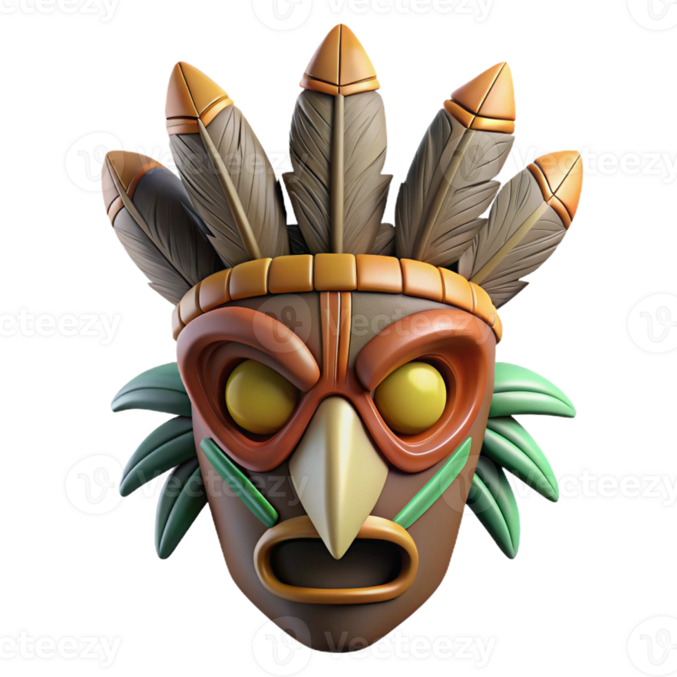 dramatic energetic abstract Photorealistic professional render, isolated cutout, ultra-detailed tribal mask made of bark and feathers with Transparent Background precision png