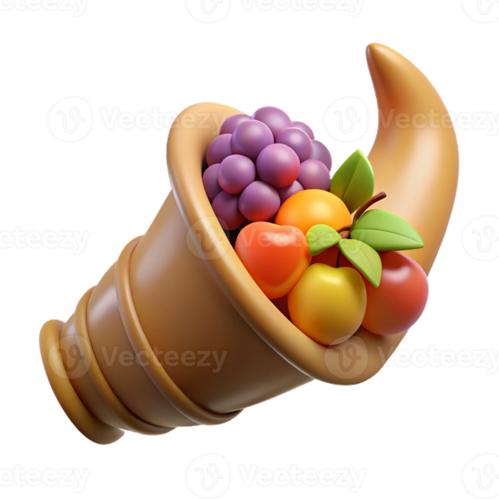 dazzling victorian Concept art style, ultra-detailed, isolated cutout of a single Horn of Plenty, overflowing with fruit with Transparent Background museum quality png