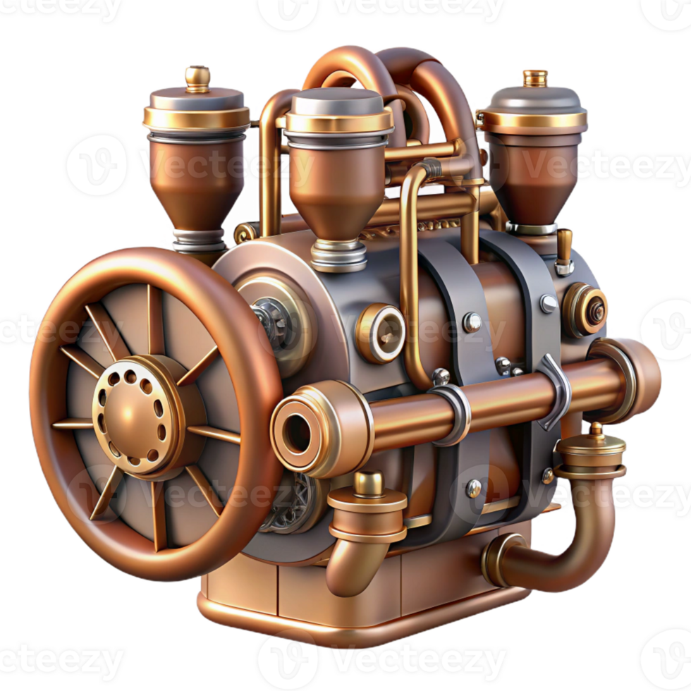 elegant mysterious rustic Steampunk airship engine with pistons, gears, and copper pipes with Transparent Background museum quality png