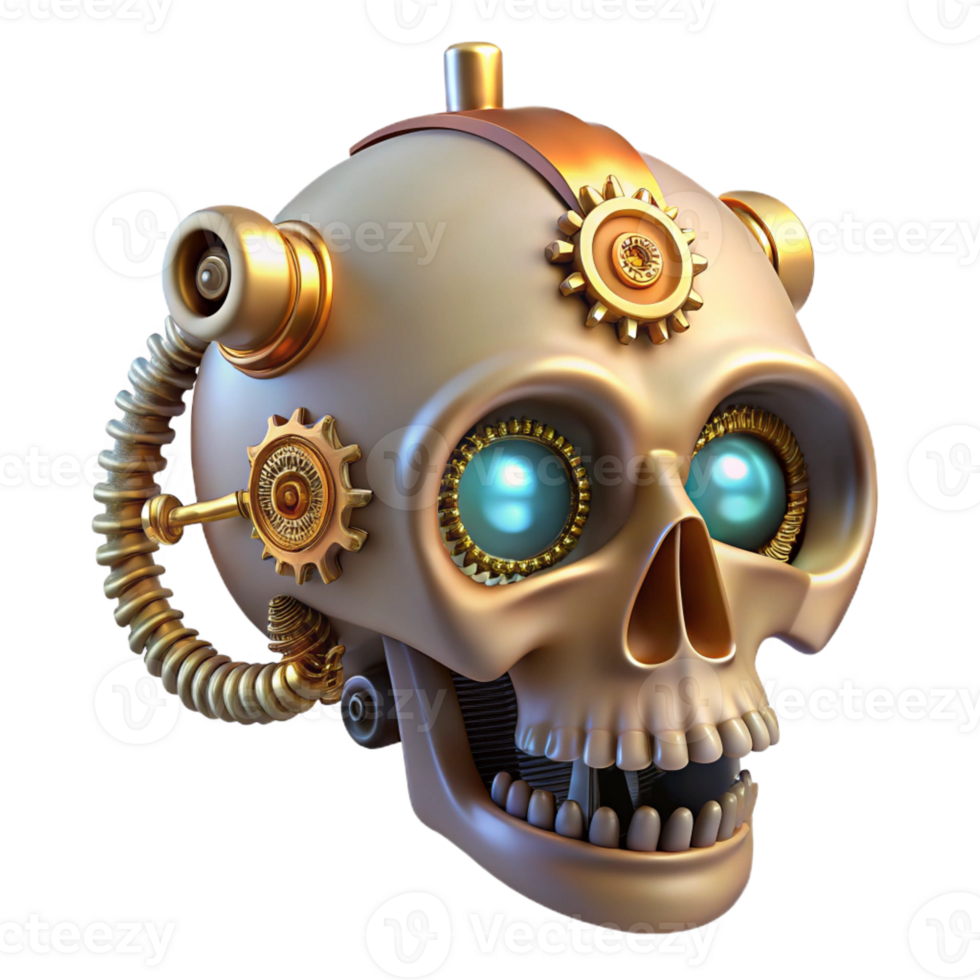 breathtaking notable Steampunk skull with gears, pipes, and glowing LEDs with Transparent Background png