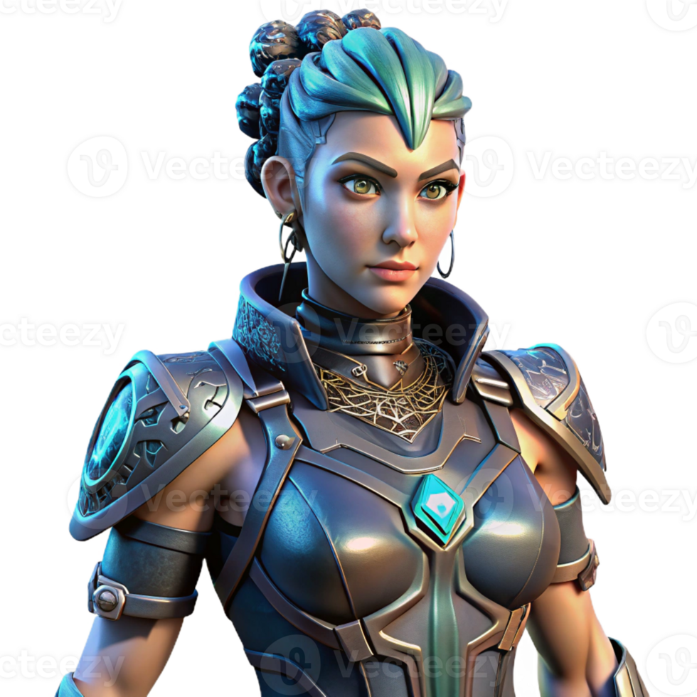 extraordinary acclaimed Cyberpunk female warrior, intricate armor, glowing tattoos with Transparent Background png