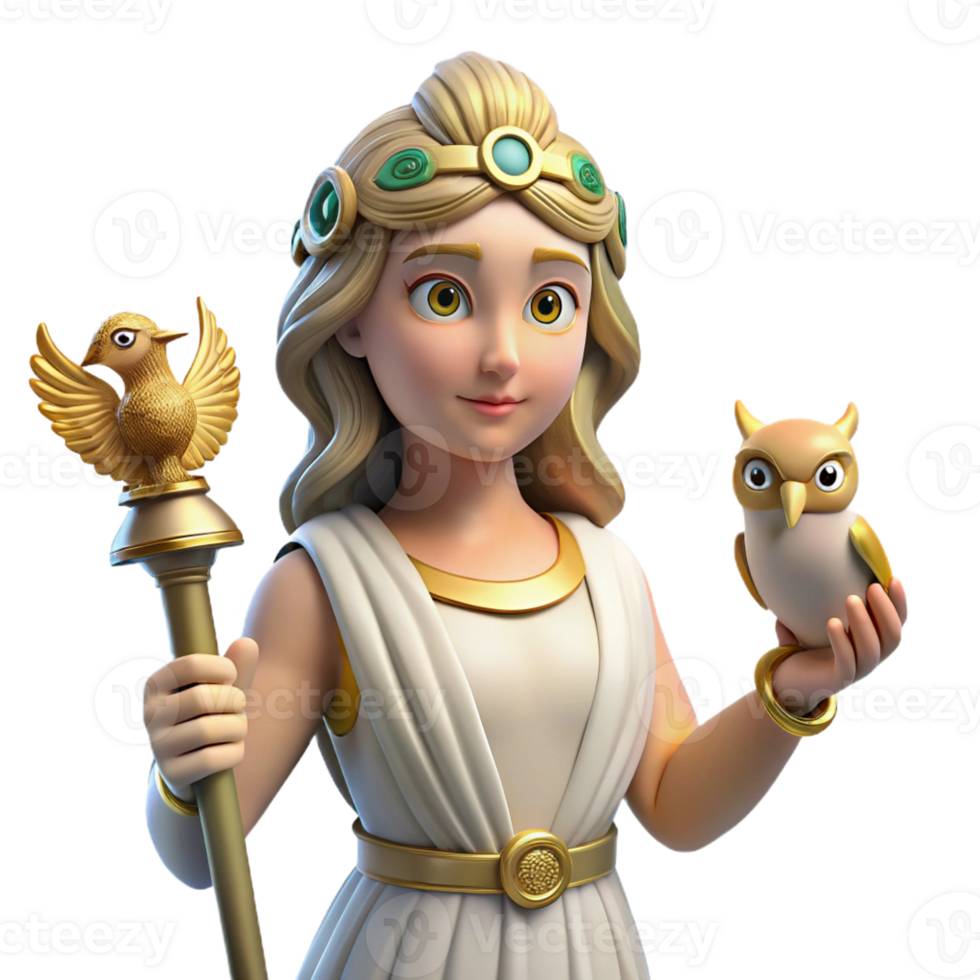 enchanting distinguished Athena, Goddess of Wisdom, holding owl, with Transparent Background png