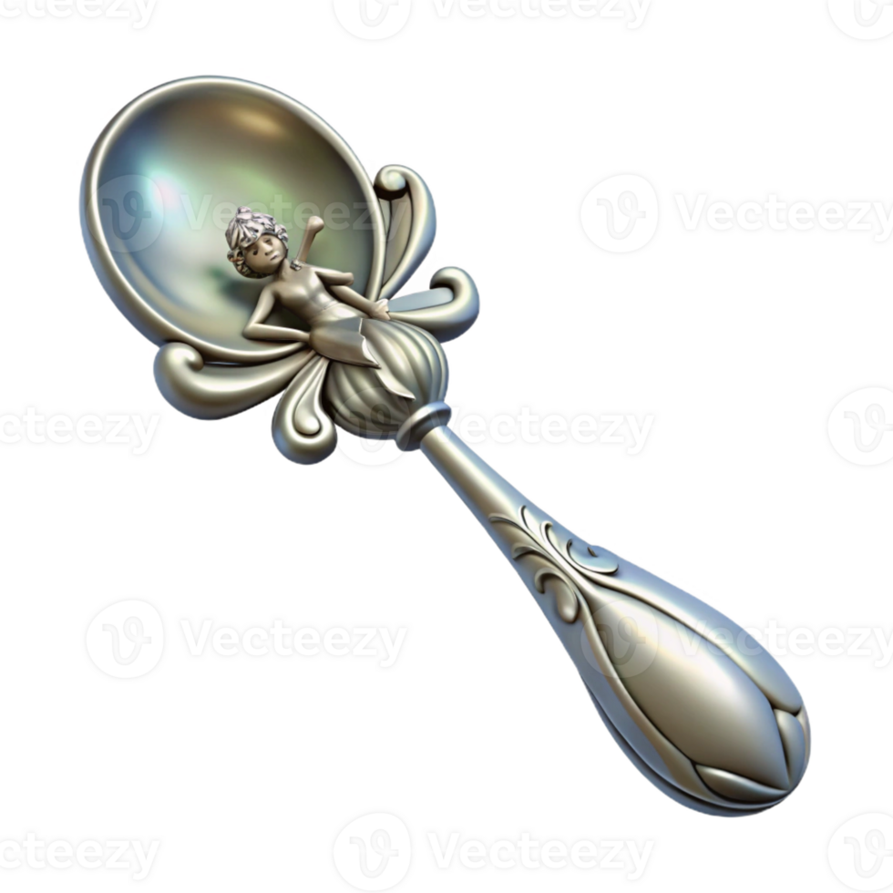 exemplary vintage Concept art style, isolated cutout of an Art Nouveau absinthe spoon, ornate silver, pierced design featuring a fairy with Transparent Background authentic png
