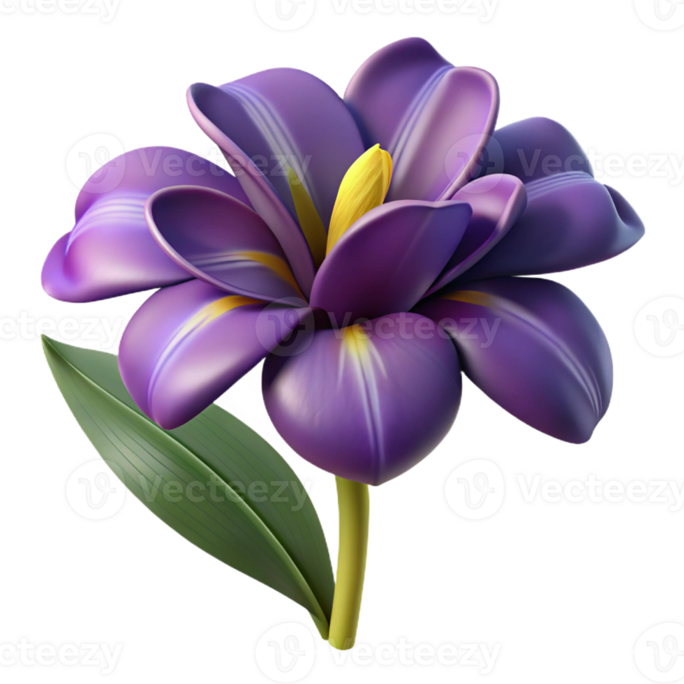 dynamic radiant Photorealistic, isolated cutout of a single Art Nouveau iris flower, deep purple petals, stylized stem and leaves, highly detailed with Transparent Background precision png