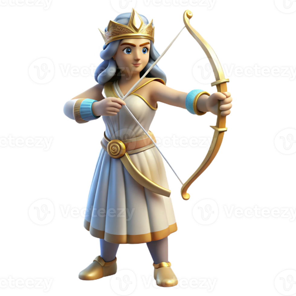 exquisite whimsical contemporary Artemis, Goddess of the Hunt, with bow and arrow, with Transparent Background top-tier png