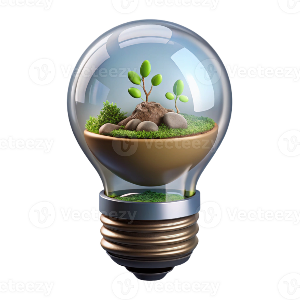 enchanting creative Ultra-detailed, professional render of a levitating lightbulb containing a miniature ecosystem with Transparent Background premium png