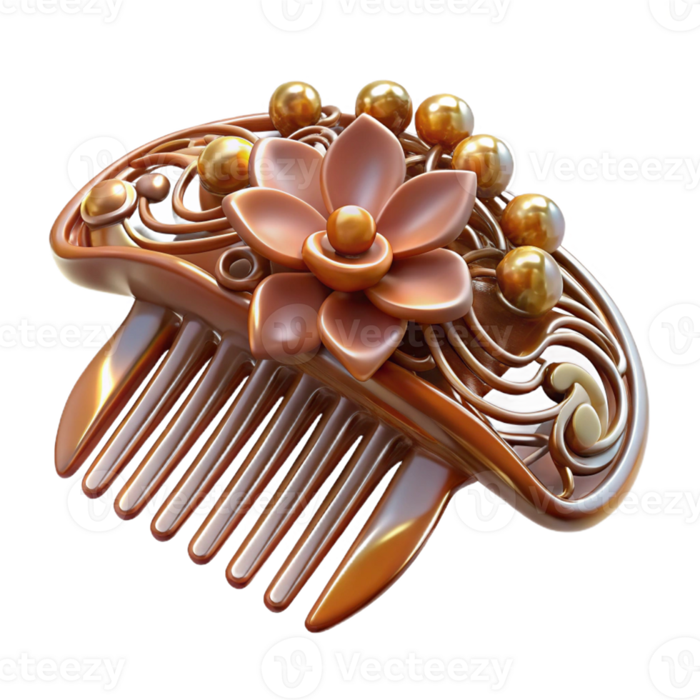 energetic glorious Concept art style, isolated cutout of an Art Nouveau hair comb, tortoiseshell, inlaid with mother-of-pearl floral design with Transparent Background luxury png