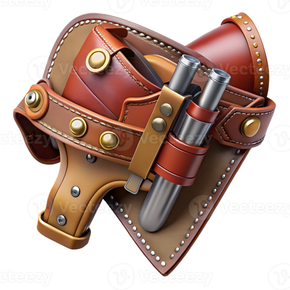 beautiful industrial Steampunk gun holster with leather straps and metal buckles with Transparent Background high quality png