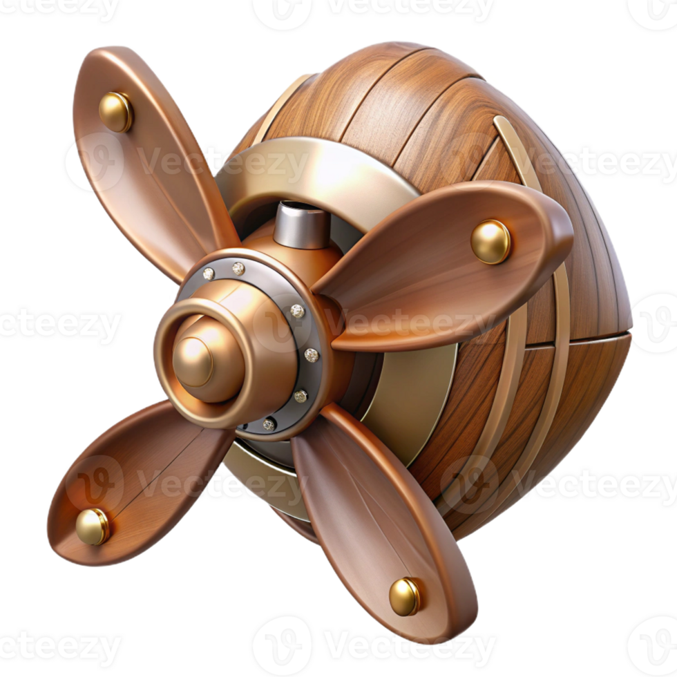 exceptional mid-century Steampunk airship propeller made of polished wood and copper with Transparent Background gallery standard png