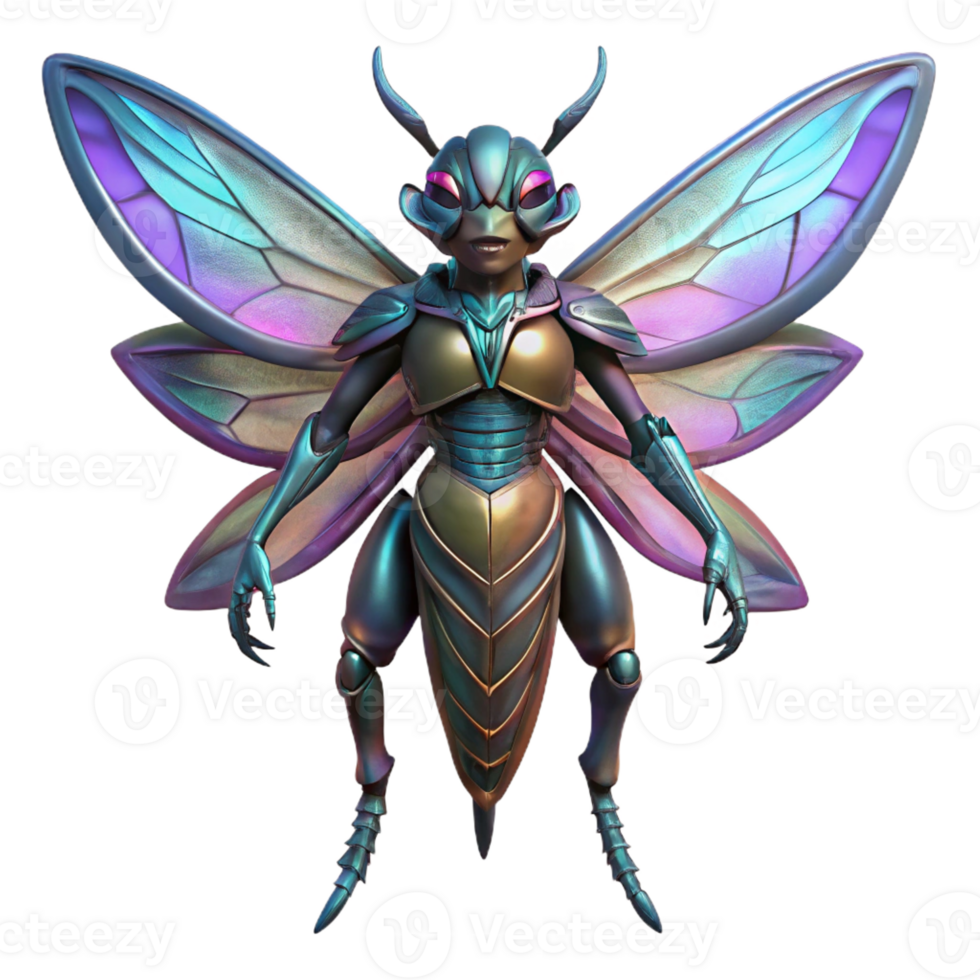 ethereal enchanting Alien insect with chitinous armor and iridescent wings with Transparent Background genuine png