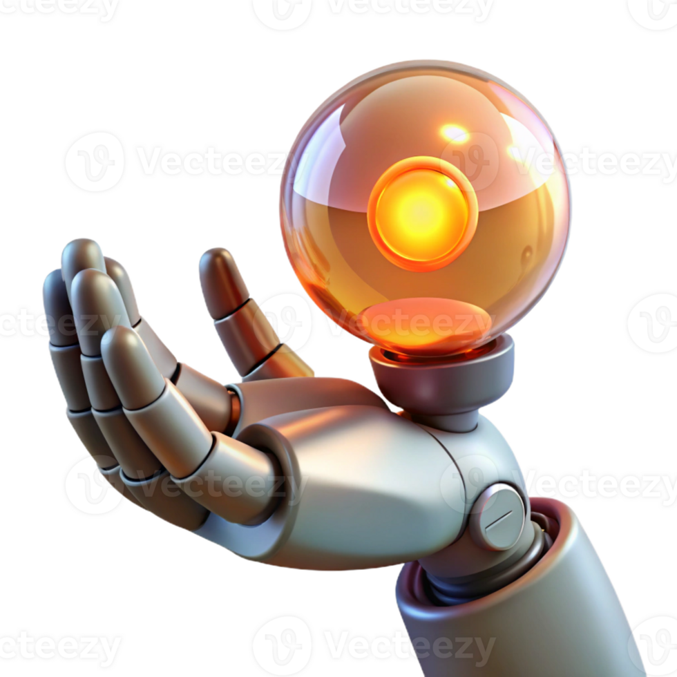 dramatic victorian Robot hand holding a glowing orb of energy with Transparent Background artisan png