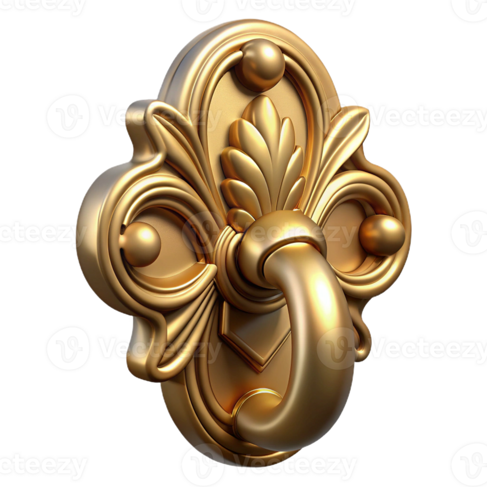 alluring futuristic Hyper-specific professional render, isolated cutout of an Art Nouveau door handle, polished brass, stylized floral motif with Transparent Background genuine png