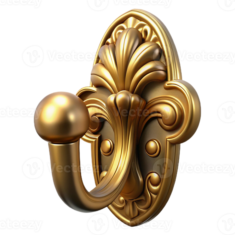 dramatic exquisite Hyper-specific professional render, isolated cutout of an Art Nouveau door handle, polished brass, stylized floral motif with Transparent Background crisp png