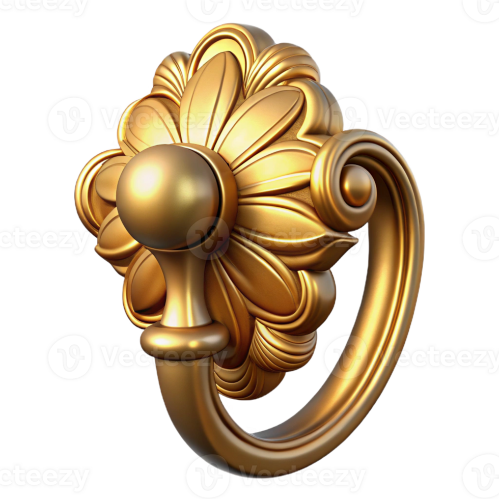dramatic exemplary Hyper-specific professional render, isolated cutout of an Art Nouveau door handle, polished brass, stylized floral motif with Transparent Background png