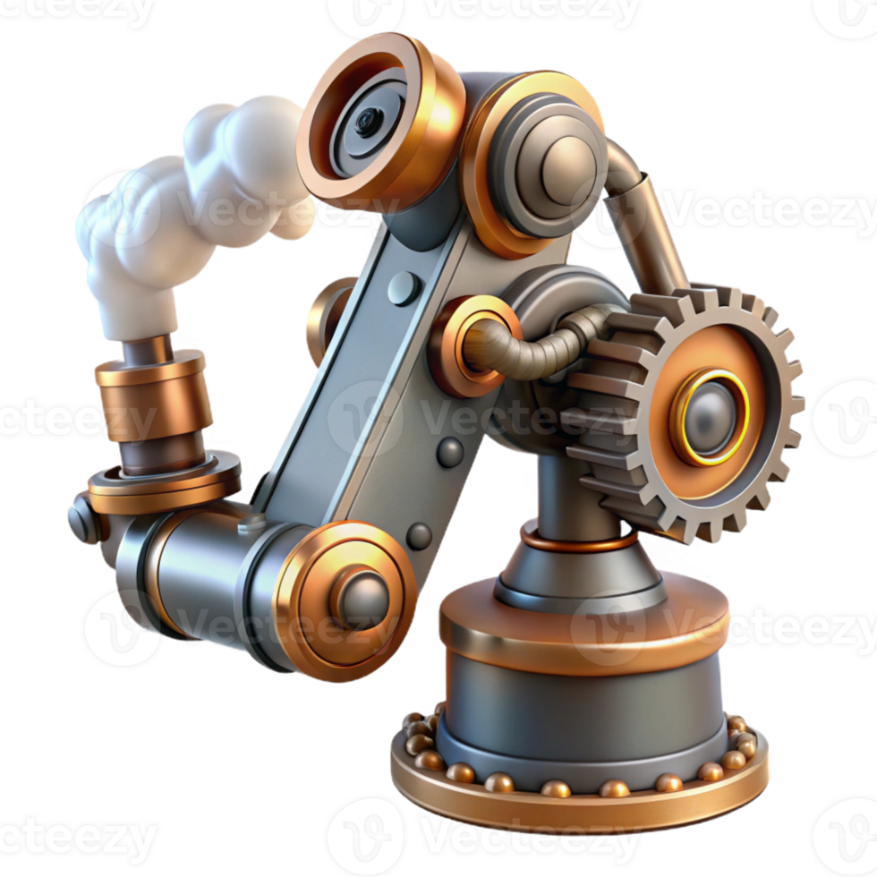 dramatic fascinating Steampunk robotic arm with exposed gears and steam vents with Transparent Background precision png