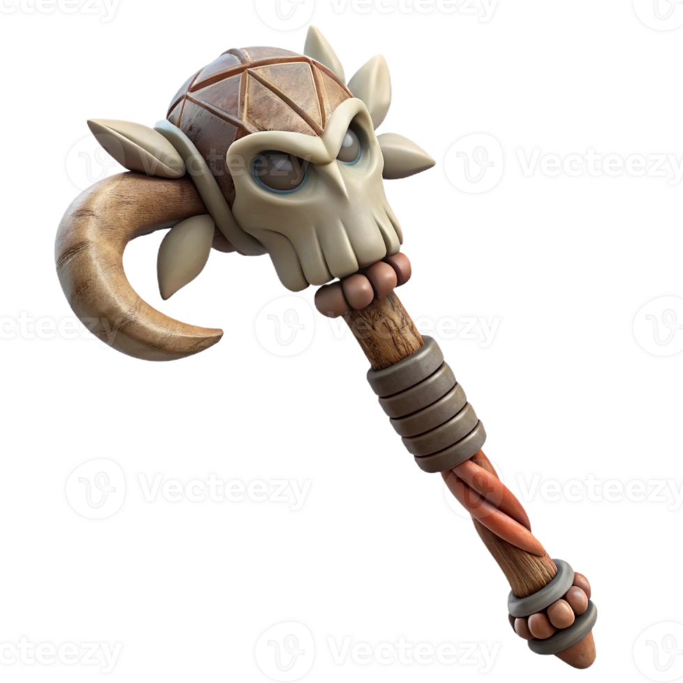 dramatic unforgettable Hyper-specific, professional render of a tribal elder's weathered wooden staff with carved animal totems with Transparent Background png