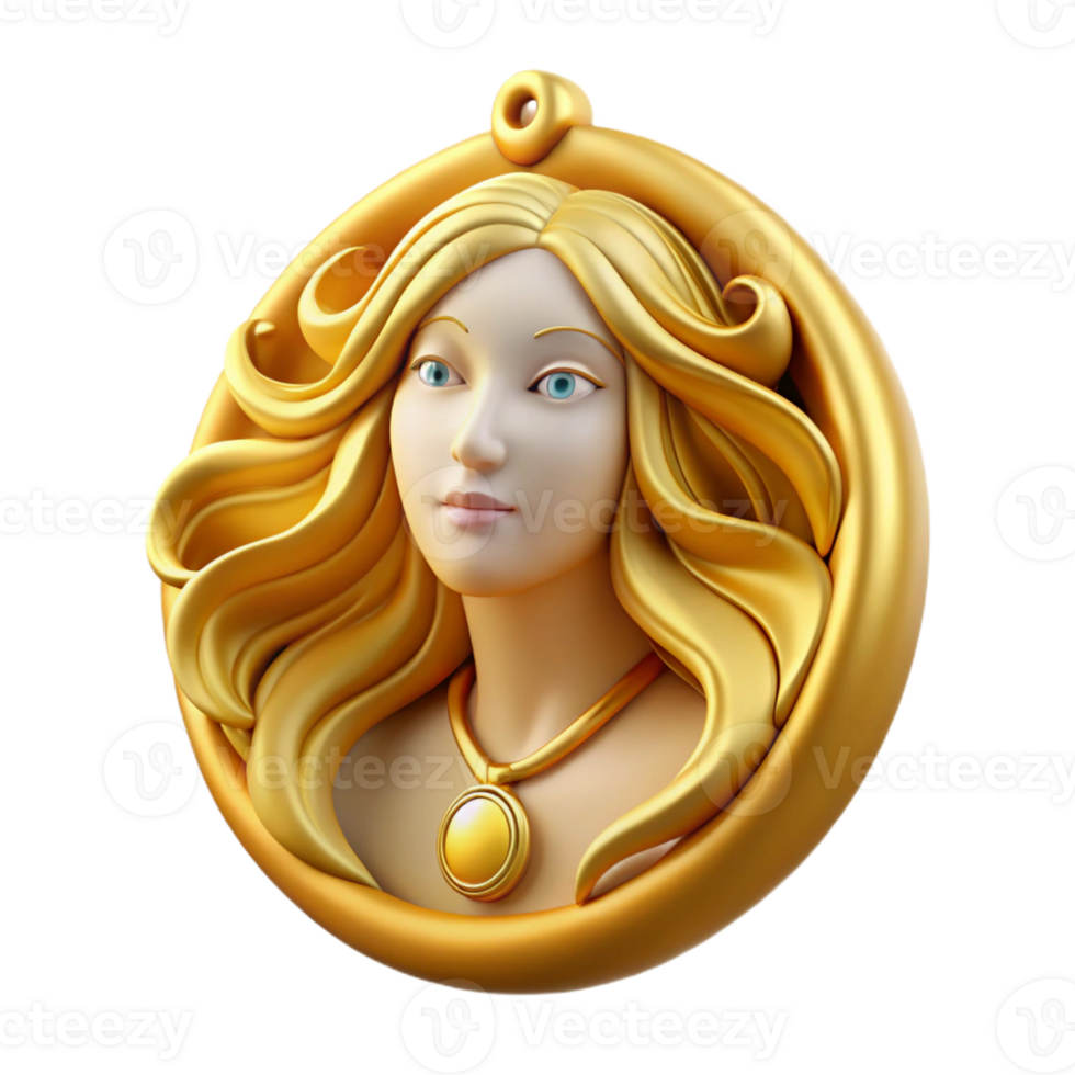 acclaimed artistic Concept art style isolated cutout, Art Nouveau pendant, gold, featuring a stylized woman's profile with flowing hair with Transparent Background studio quality png