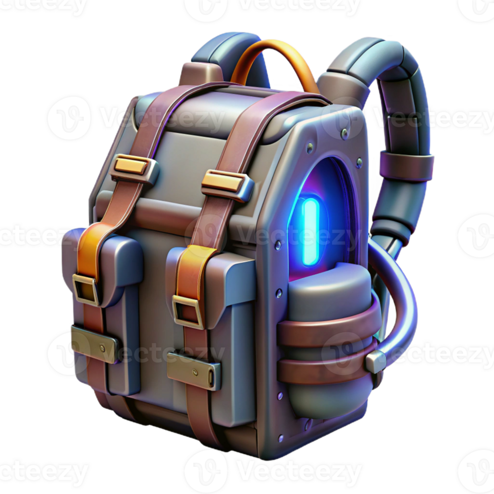 enchanting distinctive Cyberpunk backpack, armored plating, glowing tubes with Transparent Background png