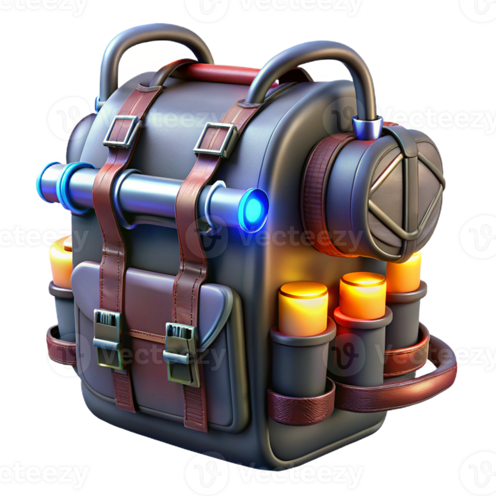 breathtaking calm coastal Cyberpunk backpack, armored plating, glowing tubes with Transparent Background handcrafted png