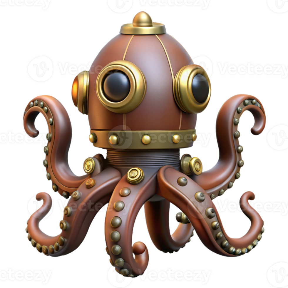 exemplary surreal Steampunk octopus automaton with articulated tentacles with Transparent Background precision png