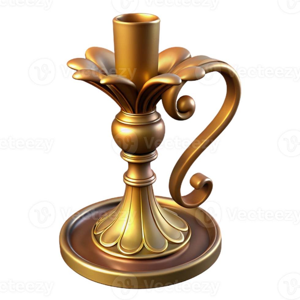calm dramatic Hyper-specific, professional render, isolated cutout Art Nouveau candlestick, brass, elongated shape, stylized floral base with Transparent Background masterfully captured png