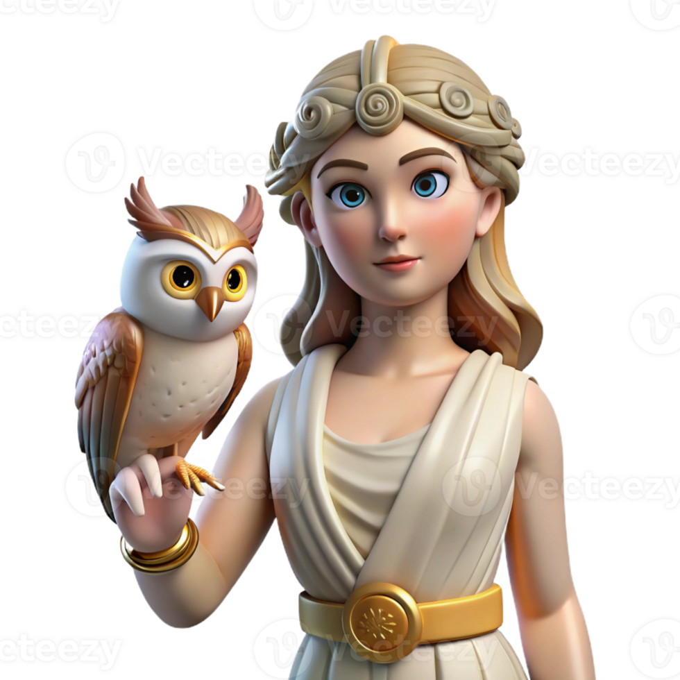 dreamy dazzling Athena, Goddess of Wisdom, holding owl, with Transparent Background expertly shot png