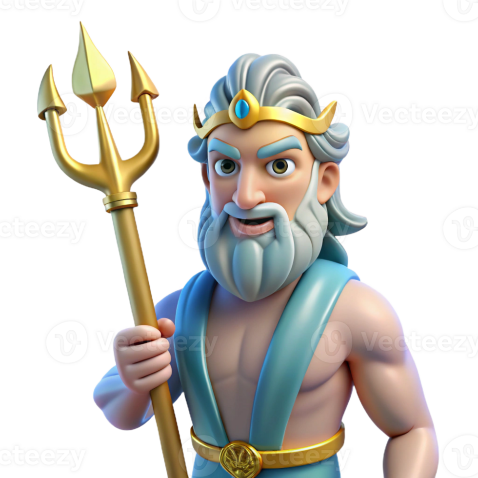 dynamic splendid Poseidon, God of the Sea, holding trident, with Transparent Background sharp png
