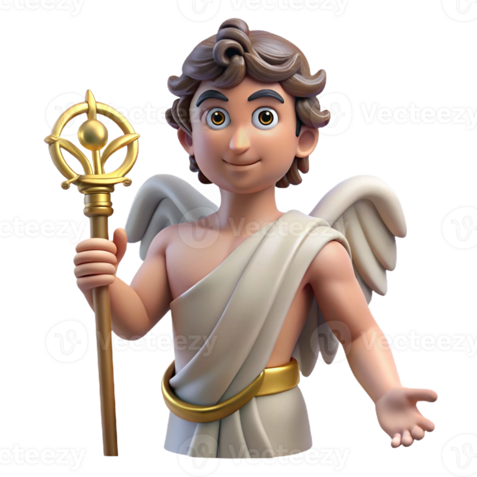 dynamic stunning Hermes, Messenger God, holding caduceus, with Transparent Background museum quality png