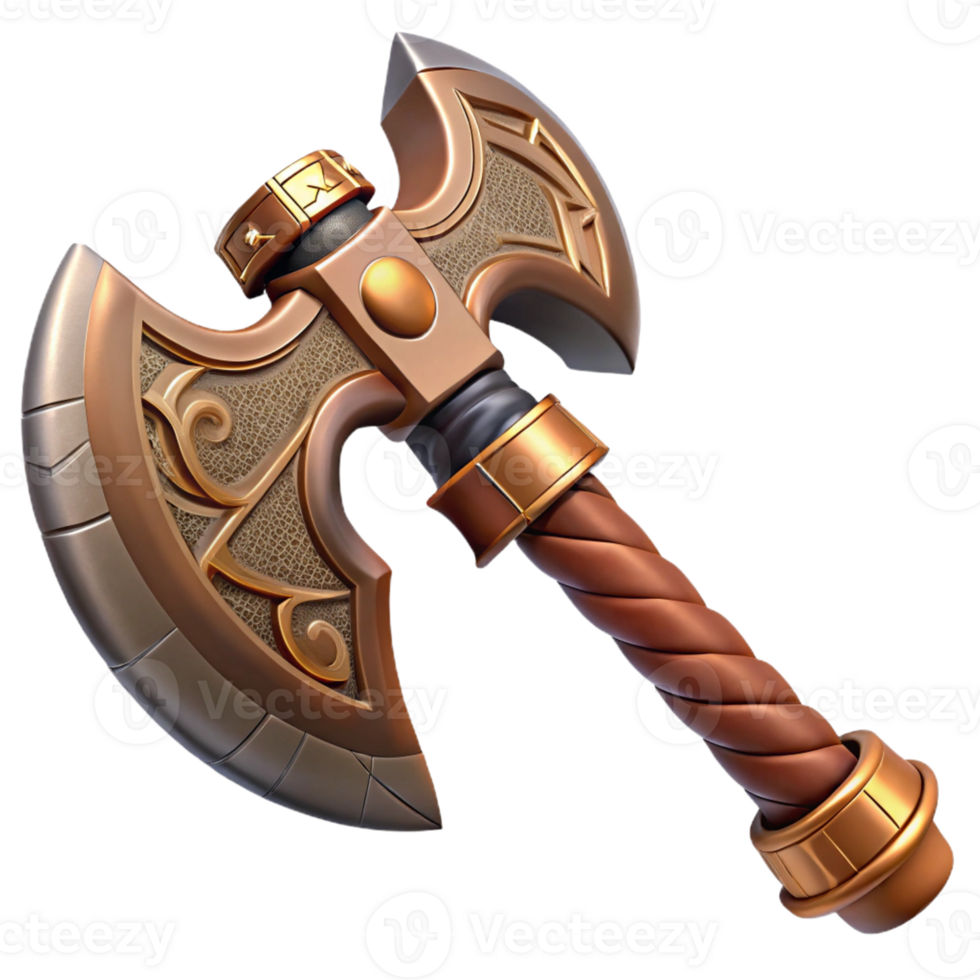 acclaimed elegant Hyper-specific, professional render of a tribal warrior's bronze axe with intricate engravings with Transparent Background crisp png