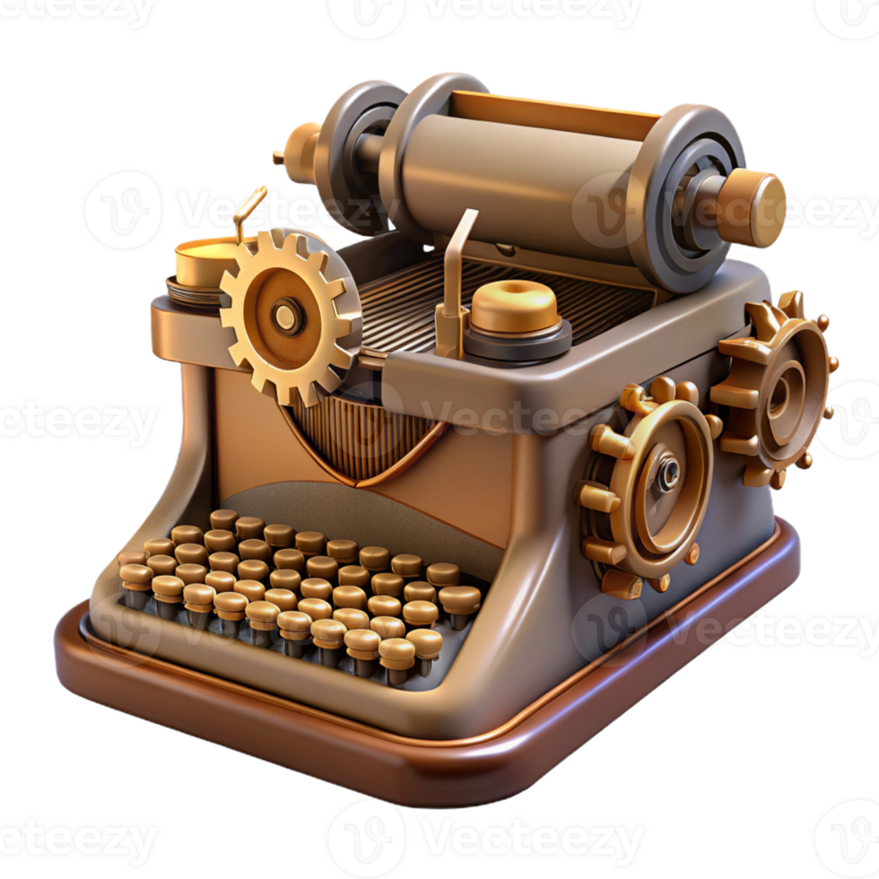 elegant coveted Steampunk typewriter with exposed keys and gears with Transparent Background png