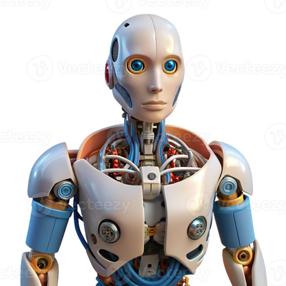 calm hypnotic Robot torso with exposed wiring and mechanical components with Transparent Background crisp png