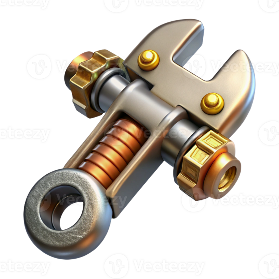 dynamic pristine Steampunk wrench with adjustable jaws and brass accents with Transparent Background crisp png