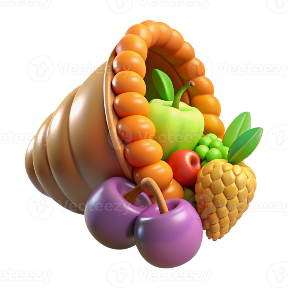 exemplary bohemian Cornucopia, horn of plenty, overflowing with fruit, with Transparent Background fine detail png