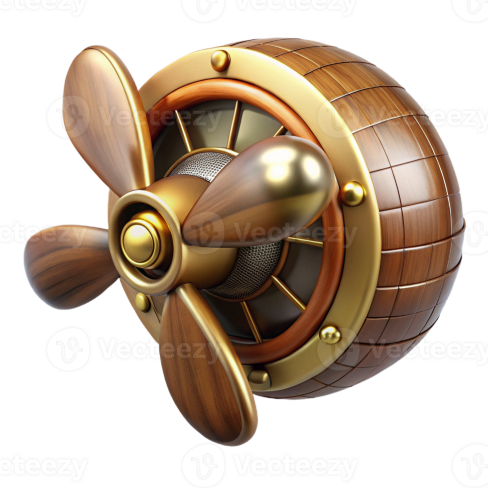 enchanting melancholic abstract Steampunk airship propeller made of polished wood and brass with Transparent Background ultra HD png